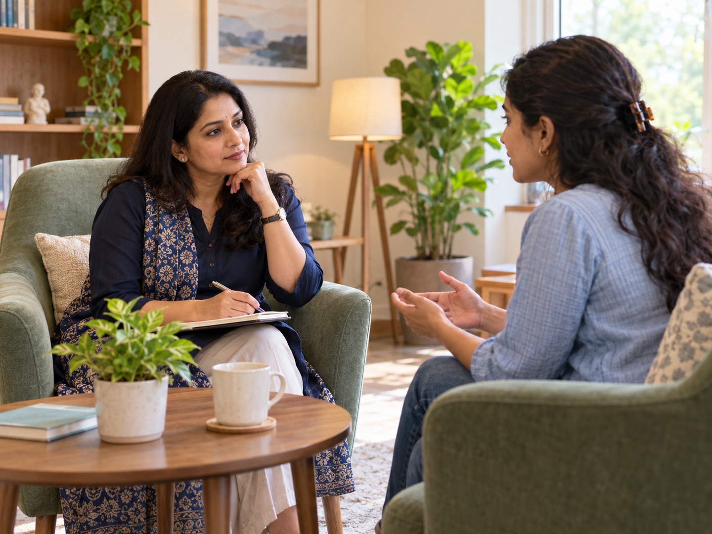 A counsellor listening to a woman in a calm, welcoming room