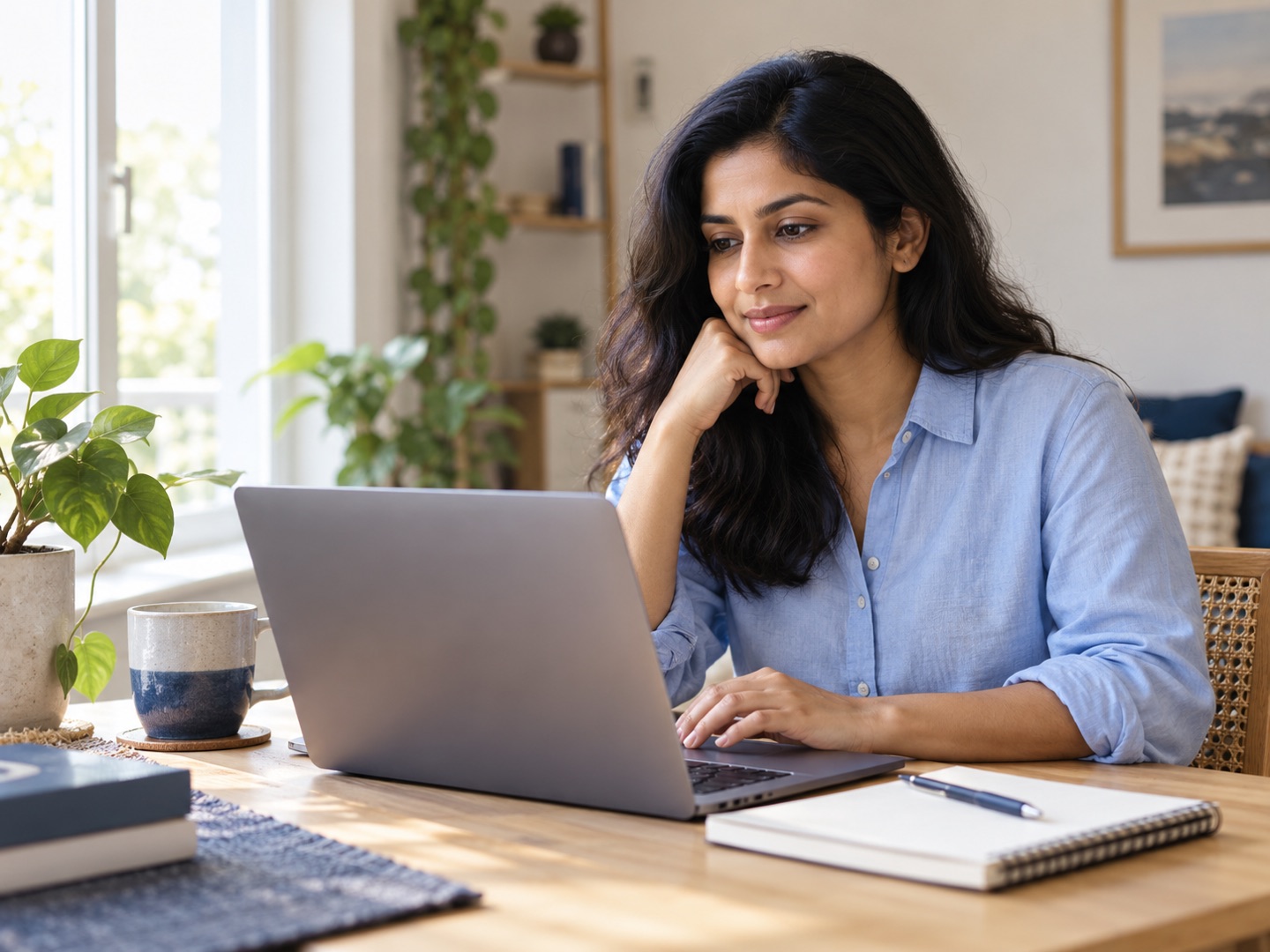 A woman reading information on her laptop beside a sunny window