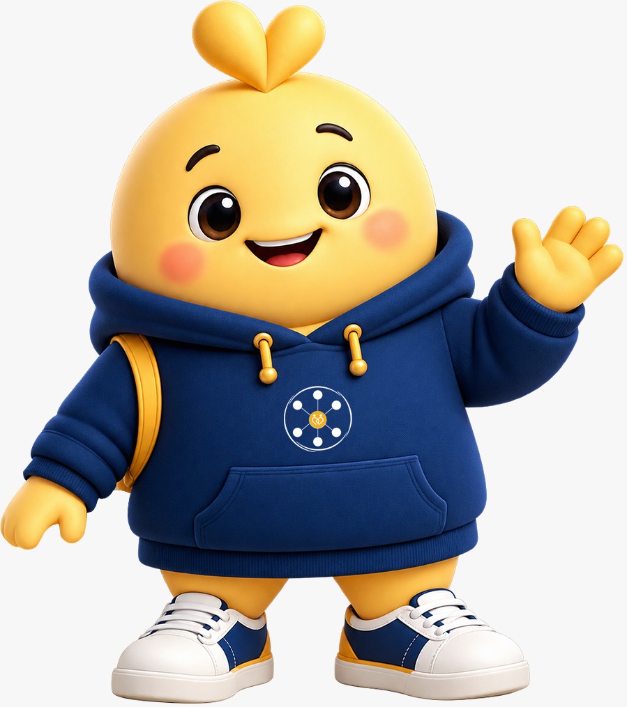 Helping Dost’s yellow companion waving in a navy hoodie